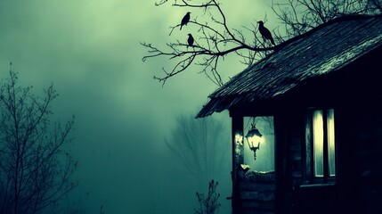 Foggy night scene with a rustic cabin, illuminated window, and three crows perched on a bare tree branch.