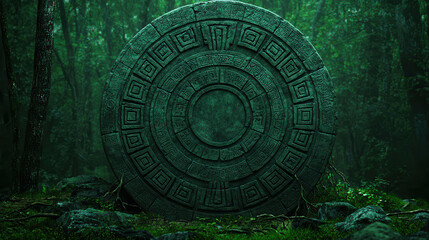 Colossal Stone Wheel Embedded in Forest Surroundings with Intricate Carvings