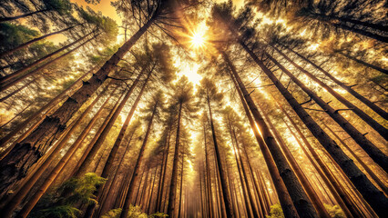 Majestic forest with tall trees reaching towards sun, creating serene atmosphere. warm light filters through verdant canopy, enhancing tranquil beauty of nature