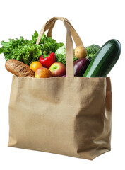 beige reusable shopping bag filled with fresh produce on transparent background