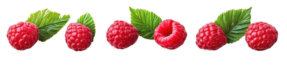 raspberries with green leaves on white background