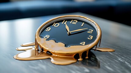 A unique clock design with a glossy black face and gold details, resembling melted chocolate, evoking a surreal and artistic atmosphere.