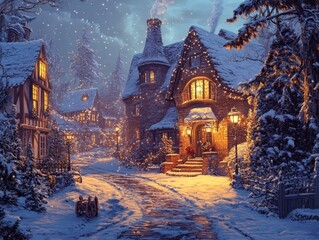 A Charming Snow Covered Village Street at Christmastime