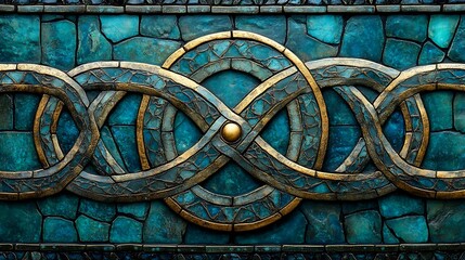Intricate Teal Mosaic Artwork Featuring Gold Celtic Knotwork