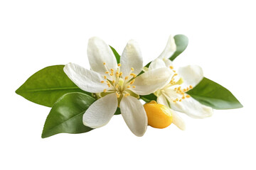 orange blossom flowers with green leaves on white background