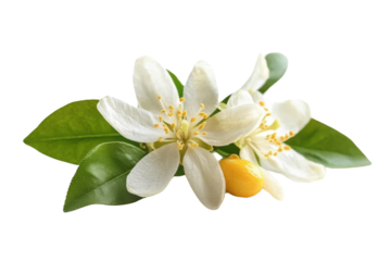 orange blossom flowers with green leaves on white background