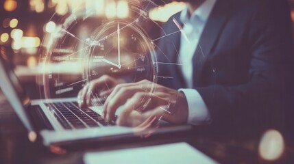 Businessman working on laptop with digital clock overlay.