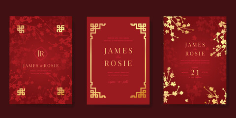 Red Chinese wedding card vector set. Luxury invitation card design with cherry blossom flower, leaf branch, frame. Illustration for vip cover, poster, rsvp modern card, Chinese New Year.