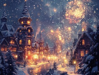 Festive Snow Covered Village Celebrates With Fireworks