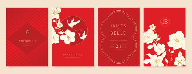 Red Chinese wedding card vector set. Luxury invitation card design with crane bird, flower, leaf branch. Illustration for vip cover, poster, rsvp modern card, Chinese New Year.