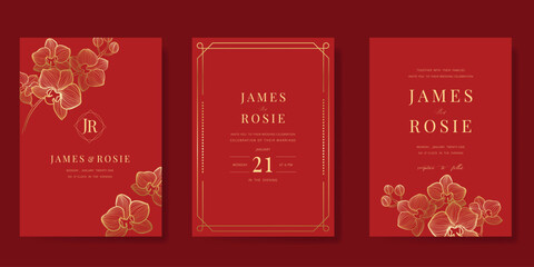 Red Chinese wedding card vector set. Luxury invitation card design with orchid flower, leaf branch, frame. Illustration for vip cover, poster, rsvp modern card, Chinese New Year.