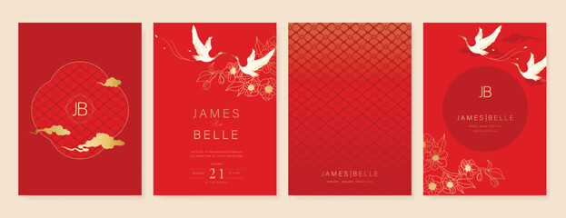 Red Chinese wedding card vector set. Luxury invitation card design with crane bird, flower, leaf branch. Illustration for vip cover, poster, rsvp modern card, Chinese New Year.