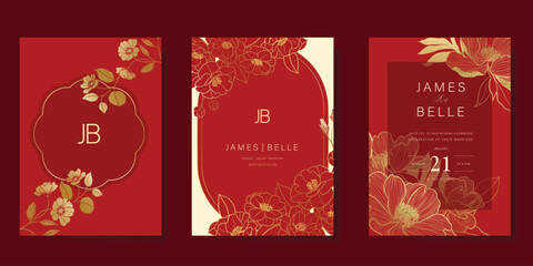 Red Chinese wedding card vector set. Luxury invitation card design with peony, poppy flower, leaf branch, frame. Illustration for vip cover, poster, rsvp modern card, Chinese New Year.