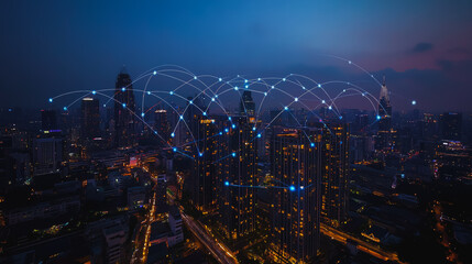 Obraz premium Smart digital city with connection cyber security network reciprocity over the cityscape . future smart wireless digital city and social media networking systems that connects people within the city
