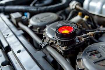 Obraz premium Inspecting Car Engine Components: Close-up View of Reservoir Cap, Hoses, and Engine Parts for Maintenance and Repair. Understanding Automotive Systems: A Detailed Look at Internal Engine Mechanics.