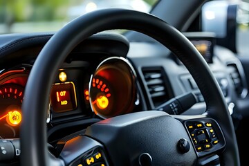 Explore the Modern Car Interior: A Detailed Look at the Dashboard, Steering Wheel, and Controls, Featuring Illuminated Gauges and Advanced Technology for Enhanced Driving Experience.
