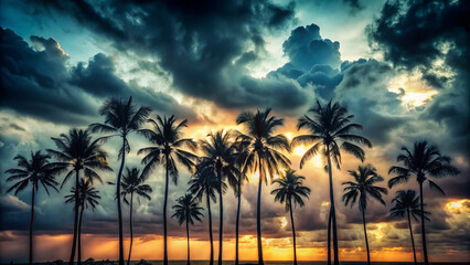 Obraz premium stunning sunset over tropical beach, featuring silhouetted palm trees against dramatic sky filled with clouds. scene evokes sense of tranquility and natural beauty