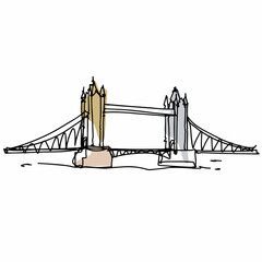 Tower Bridge building landmarks london line art illustration. London buildings line drawing.