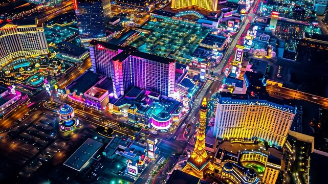 This video captures the illuminated Las Vegas Strip from above, showcasing the bustling nightlife and iconic landmarks, Bright lights of Las Vegas Strip from above
