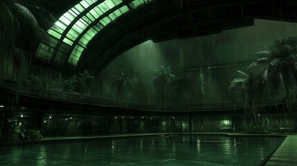 Rain-Soaked Tropical Indoor Pool Under Glass Atrium
