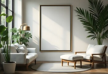 A modern living room with a large empty frame on the wall, a couch, a chair, and potted plants