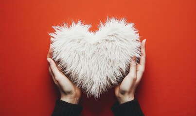 Two hands gently cradling a fluffy white heart-shaped object against a vibrant red backdrop.