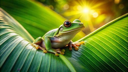 Adorable European Tree Frog (Hyla arborea) Perched on a Lush Banana Leaf