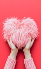 Two hands holding a fluffy pink heart-shaped object against a red background.