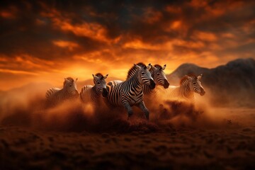 Fototapeta premium A group of zebras sprinting through a dusty savannah at sunset, with the dramatic orange sky and rugged mountains creating a dynamic and breathtaking scene