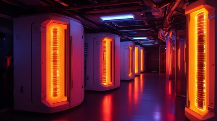 Futuristic server room with glowing orange data storage units.