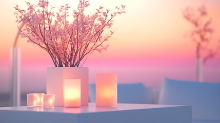 A serene setting with flowers and candles, showcasing a peaceful ambiance at sunset, perfect for relaxation.