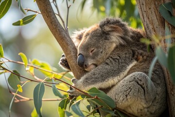 Obraz premium Adorable Koala Sleeping Soundly in Eucalyptus Tree - Macro Photography