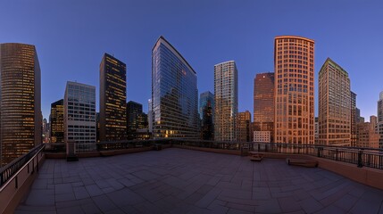 Obraz premium Cityscape panorama from rooftop terrace at dawn.