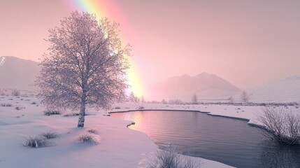 Frosty winter landscape with a rainbow over a snowy lake and tree.