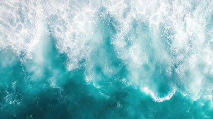 Aerial View of Turquoise Ocean Waves Crashing, White Foam, Serenity, Nature Photography