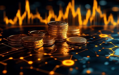A pile of coins with renewable energy symbols and a growth chart, representing the profitable path of sustainable investment in green energy and ESG principles