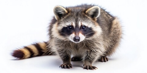 Obraz premium Adorable Raccoon Drone Aerial Photography: Isolated White Background Wildlife Image