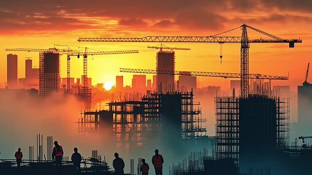 A sizable building site with cranes and labourers, signifying the scope of construction projects 