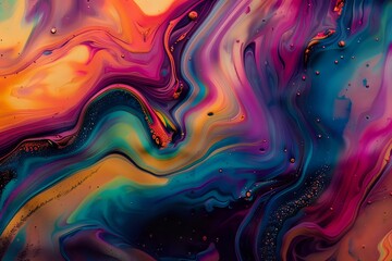 Fluid Acrylic Pouring: Vibrant Swirls of Color Create Abstract Universe, Galaxy-like Patterns with Shimmering Gold Accents.  A Mesmerizing Visual Journey into the Abstract Art of Fluid Dynamics.