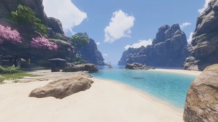 Fototapeta premium Secluded Cove Paradise Tranquil Beach Scene with Rocky Cliffs and Pink Blossoms