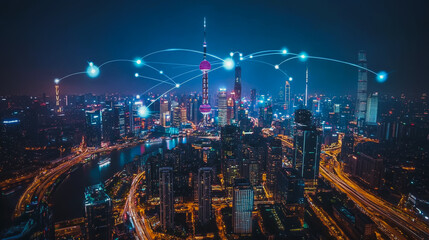 Fototapeta premium Smart digital city with connection cyber security network reciprocity over the cityscape . future smart wireless digital city and social media networking systems that connects people within the city