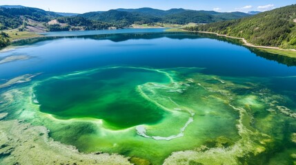 Vibrant Green Reservoir with Natural Background