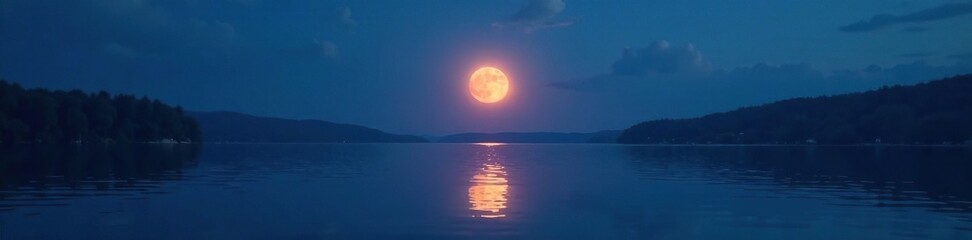 Softly glowing moon rises above the lake's calm surface, calmness, sky