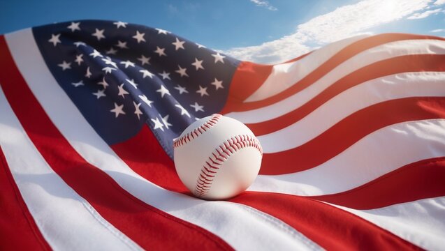 A white baseball sits amidst an undulating American flag backdrop