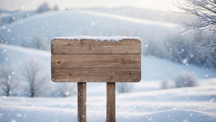 Fototapeta premium Blank wooden road sign against the backdrop of a snowy winter and falling snow, copy space