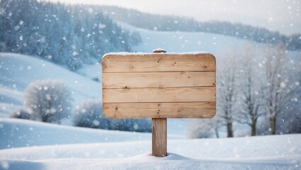 Blank wooden road sign against the backdrop of a snowy winter and falling snow, copy space