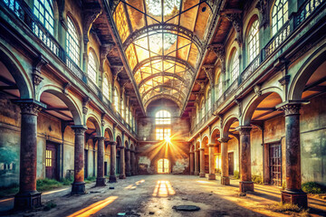Naklejka premium stunning urban exploration scene showcasing radiant symmetry in unblemished sanctuary. sunlight streams through large windows, illuminating grand architecture