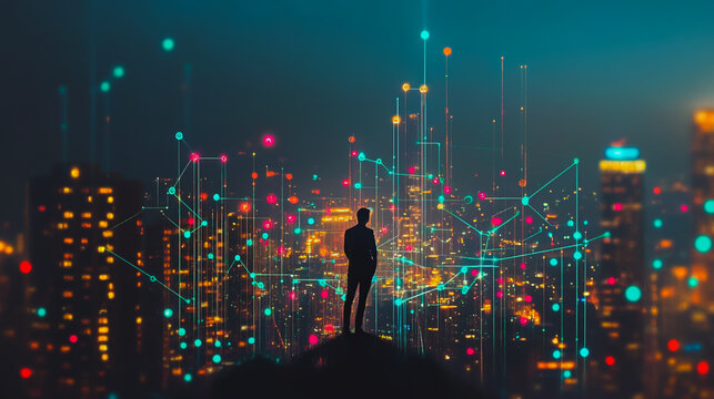 Abstract businessman stands on the peak of success Smart digital city with connection cyber security network reciprocity over the cityscape future wireless digital city and social media networking