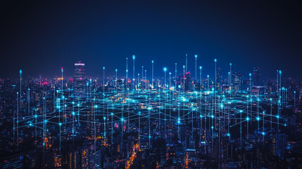 Naklejka premium Smart digital city with connection cyber security network reciprocity over the cityscape . future smart wireless digital city and social media networking systems that connects people within the city