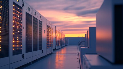 Illuminated server racks at sunset on a rooftop.